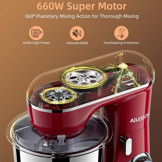 SAMSAIMO 3-IN-1 Electric Stand Mixer, 10-Speed With Pulse Button, Attachments include 6.5QT Bowl, Dough Hook, Beater, Whisk for Most Home Cooks (Empire Red)