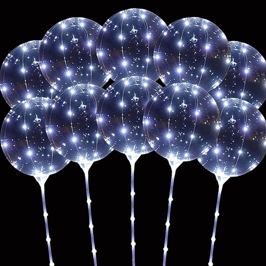 LED Balloons Light Up, 10 Pack LED Balloons with Sticks, 20 Inch Clear Bobo Balloon with Lights Helium Glow Bubble Lights for Party Supplies Valentines Decor (Cold White)