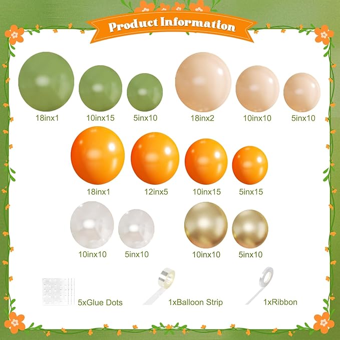 Orange and Green Balloon Arch kit, 124Pcs Sage Green Orange Nude Gold Pearl White Balloons for Birthday Bridal Shower Wedding Gender Reveal Little Cutie Baby Shower Decorations