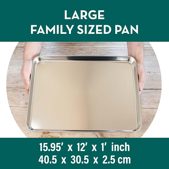 Large Baking Tray and Roasting Tin - Stainless Steel Oven Dish - Food Safe Cookware - Grill Pan Free from Non Stick Coatings (16' x 12' x 1' inch)