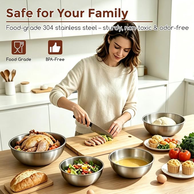 Gronivex 304 Stainless Steel Mixing Bowls, 4-Piece (1.5, 2.2, 3.4 & 4.2 Qt) | Thicker-Gauge, Food-Grade Metal, Stackable Nesting & Space-Saving – For home baking, salads, cooking, and RV or grilling use