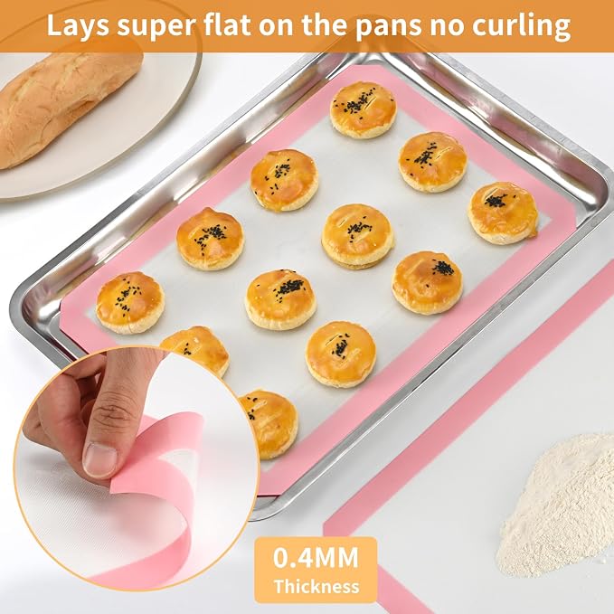 Luckyiren 2-Pack Silicone Baking Mats – Non-Stick Reusable BPA-Free Oven Liners, 100% Food-Grade Silicone, Fit Half Sheet Pans (16.54" x 11.62") for Cookies, Pastry & More, White with Pink Edge
