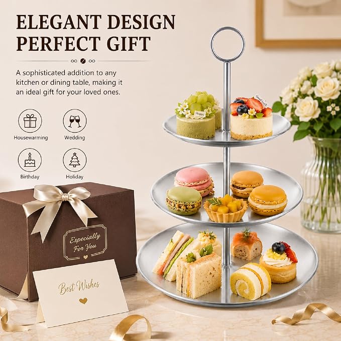 ABuff 3 Tiered Silver Cupcake Stand 2 Pack Stainless Steel Silver Tiered Dessert Stand Cupcake Display Tower 3 Tier Serving Tray Cake Stand for Baby Shower Birthday Party Wedding