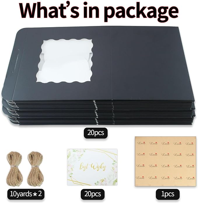 20 Pack 6x6x5 Inch Cake Boxes with Window, Black Bakery Carriers for Bento Cake, Cupcakes, Cookies, Dessert Treats – Perfect for Valentine's Day, Mother's Day Gifting