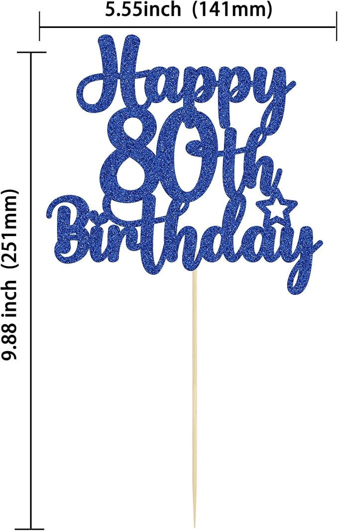 Gyufise 1Pc Happy 80th Birthday Cake Topper Glitter Cheers to 80 Years Old Birthday Cake Pick for Happy 80th Birthday Anniversary Party Cake Decorations Supplies Blue