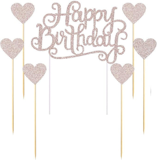 PALASASA Happy Birthday Cake Toppers Gold glitter letters"happy birthday"and love star,Party decor Decorations,Set of 7 (Rose Gold)
