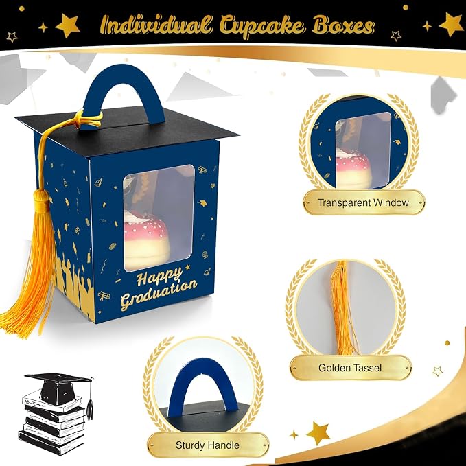 Graduation Cupcake Boxes Individual Cupcake Container Grad Cupcake Gift Boxes with Window for 2026 College Grad Party Bakery Wrapping (Blue-30pc)