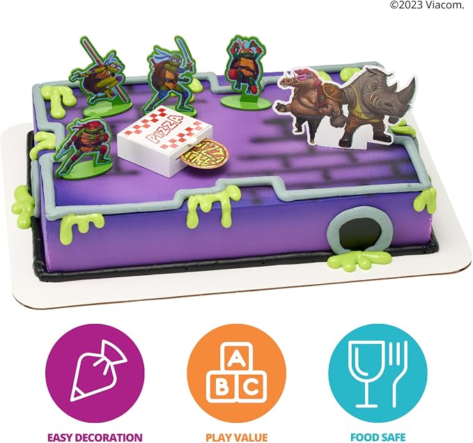 DecoSet® Teenage Mutant Ninja Turtles™ Pizza Power Cake Topper, 6-Piece Cake Decoration With Turtle Figurines, Cake Pic, And Pizza Launcher ! | For Birthday, Parties, Celebration