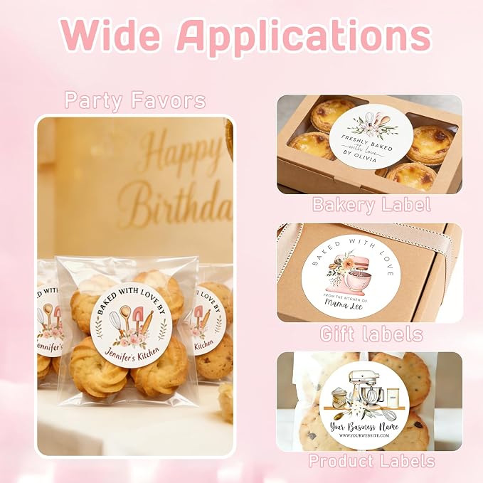 120-1000 Pack Custom Baked with Love Stickers,Personalized Baking Labels for Branding,Packaging,Gift Tags, 1.5 2 2.5 Inch Bakery Labels, Roll or Sheet Format (Round)