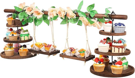 Wooden 3 Tier Cupcake Stand with Swing and Rose Vines Decor, Dessert Table Display Set Removable Serving Tray Cupcake Tower Centerpiece for Tea Party Birthday Baby Shower Wedding