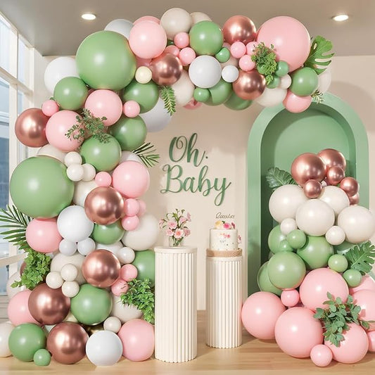 Sage Green Pink Balloon Arch Kit - 144 pcs Olive Green Pink Sand White Balloons with Rose Gold Metallic Latex Balloons for Girl Birthday Wedding Bride Shower Party Decorations