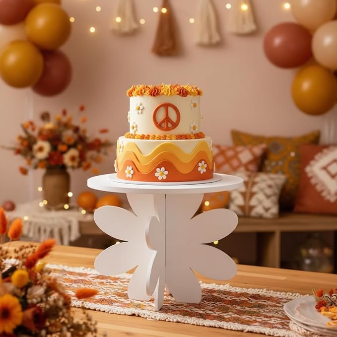 Lallisa 12" Groovy Daisy Cake Stand White 3D Floral PVC Groovy Party Decorations with Engraved Flower Holder Dessert Stand Centerpieces for Wedding Birthday Spring Tea Garden Themed Party Supplies