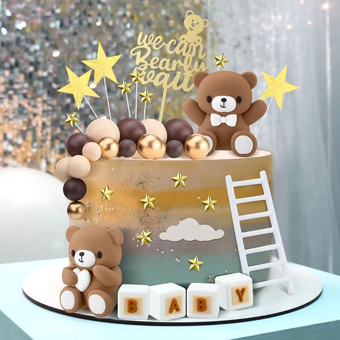 Yinder Bear Cake Toppers Mini Bear Cake Decorations Cake Toppers Gold White Pearl Ball for Birthday Party Decorations(Dark Brown,Cute Style)
