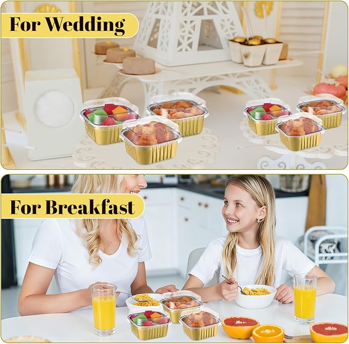 200 Pack 5 oz Mini Cake Pans with Lid, Aluminum Foil Mini Baking Tins, Square Disposable Cupcake Baking Cup Dessert Container for Wedding Birthday Party Picnic(Gold,Classic)