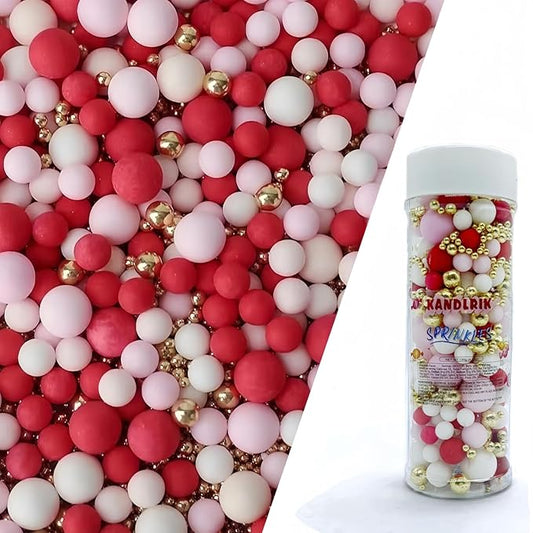 Edible Red & Pink & White & Gold Sugar Pearls Sprinkles Candy Mix Size Pearls Cake Decorations Cupcake Toppers Decorating Perfect for Wedding Party Valentine Christmas Supplies 4.58OZ