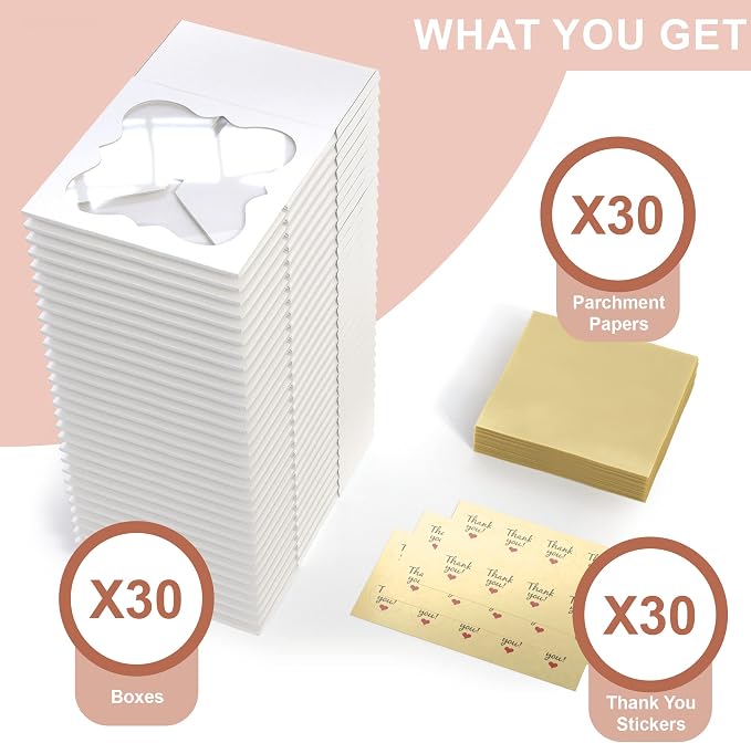 Leafiew 30 Pack 6x6x3 Bakery Boxes with Window – Small Cookie Boxes for Gift Giving – Treat Boxes for Small Cake, Pastry, Strawberries, Dessert, Candy, Charcuterie, Baked Goods and Food (White)