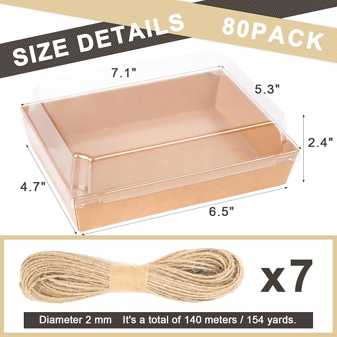 7x5 Inches Charcuterie Boxes with Clear Lids, 80 Pack Disposable Take Out Food Containers, Large Paper Bakery Cake Boxes for Strawberries, Cookies Cupcakes (Brown)