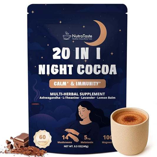 60 Servings Mushroom Hot Cocoa for Sleep, Calm & Immunity | Hot Cocoa Powder with 14 Mushroom Extracts, Magnesium Glycinate, Ashwagandha, L-Theanine & 5mg Melatonin | Non-GMO, Keto-Friendly