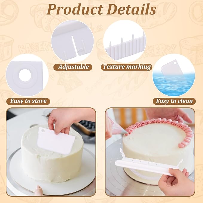 4Pcs Cake Decorating Tools Set, 1 Cake Arch Guide Tool & 3 Cake Scraper Smoother, Adjustable Arc Divider, Fondant Icing Smoothing Tools for DIY Cakes, Bread and Desserts