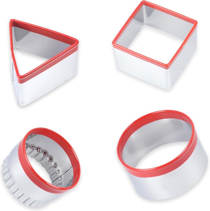 4 Pcs Cookie Cutters Set - Round Fluted Square Triangle Biscuit Cutter with Red Top Rubber Guard for Baking Scone and Circle Cookies