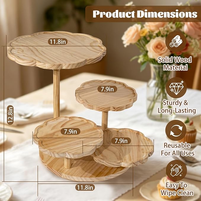 4 Tier Rotatable Wooden Petal Shape Cupcake Stand, Tiered Dessert Display Tower Holds Up to 50 Cupcakes for Wedding & Birthday