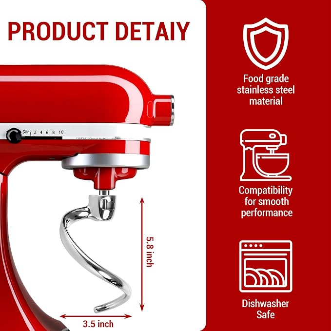 Stainless Steel Spiral Dough Hook for KitchenAid 4.5QT & 5QT Tilt-Head Stand Mixer, Efficient Dough Hook Attachment for Bread, Pizza & Pasta, Dishwasher Safe
