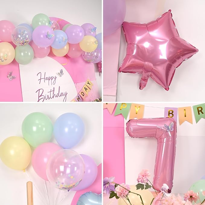 Pastel 7th Birthday Decorations for Girl,Macaron Rainbow 7th Party Decoration Pink Blue Purple Green Yellow Colorful Balloons Banner Star Heart Number 7 Foil Balloon Cake Topper Butterfly Stickers