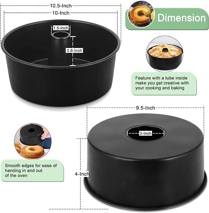 LIANYU Angel Food Cake Pan Set of 2, 10 x 4 Inch Black Nonstick Tube Pan for Baking Pound Cake, Deep Chiffon Mold with Stainless Steel Core, Easy to Release, Leak Resistant