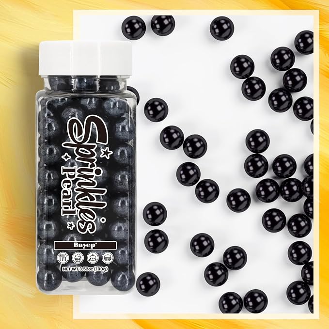 Bayep Edible Pearls for Cake Decorating 10mm Black Sprinkles for Cookies, Baking, Ice Cream, Cupcake Topper Pearl Sprinkles Perfect for Wedding Party Valentines Christmas Holiday Supplies 3.52 Ounce