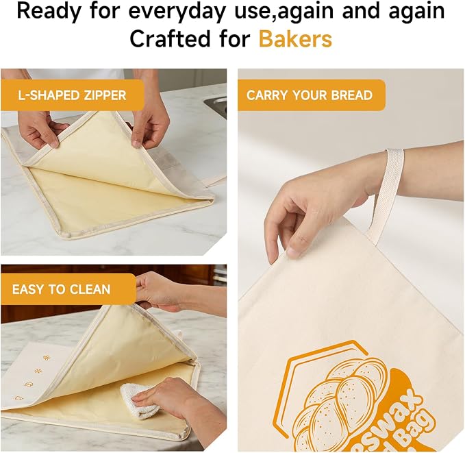 Beeswax Bread Bag Set of 2, 12.6"x17" Sourdough Bread Storage, Reusable Linen Bags with Wide Zipper Freezer Safe for Homemade Artisan Loaves