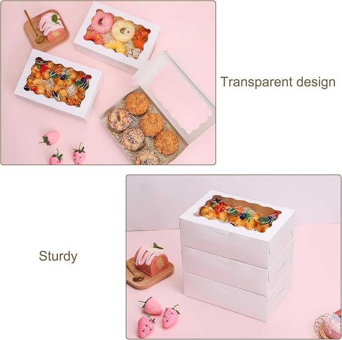 Moretoes 12pcs Cookie Boxes with Window, 9x6x3 Inch White Bakery Boxes Pastry Containers for Chocolate Covered Strawberries, Candy, Muffins, Donuts