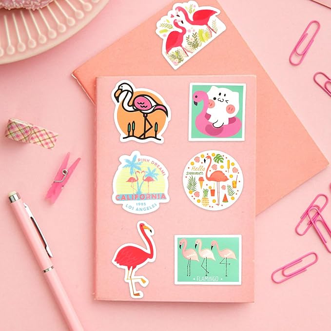 50 Pcs Flamingo Stickers for Kids Girls Water Bottles Laptops Scrapbook Decoration Party Favors Classroom Rewards Tropical Summer Pink Beach Waterproof Vinyl Decals
