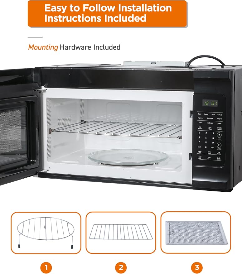 Commercial Chef 1.7 Cu. Ft. Over-The-Range Microwave Oven, 1000 Watt Microwave with 10 Power Levels, 300 CFM Hidden Vent Hood Fan, Touch Controls, LED Display, 10 Preset Options, CHMR17GB, Black