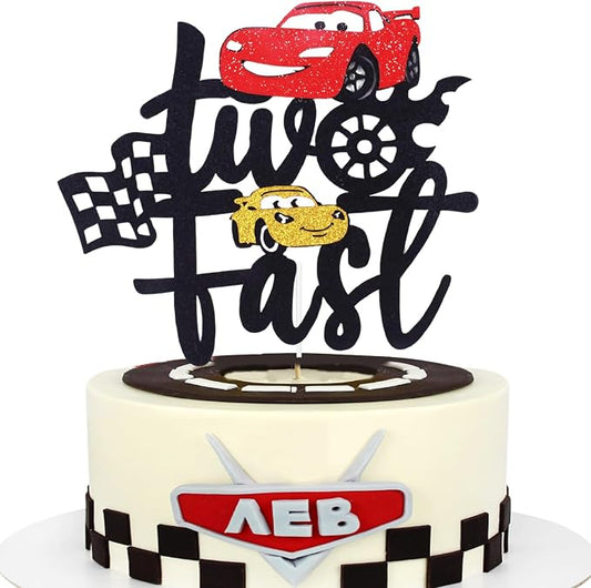 MEMOVAN Two Fast Cake Topper Race Car 2nd Cake Toppers Racing Car Birthday Cake Decoration for Racing Car Checkered Flag Themed Girl Boy 2 Years Birthday Party Decoration Double Sided