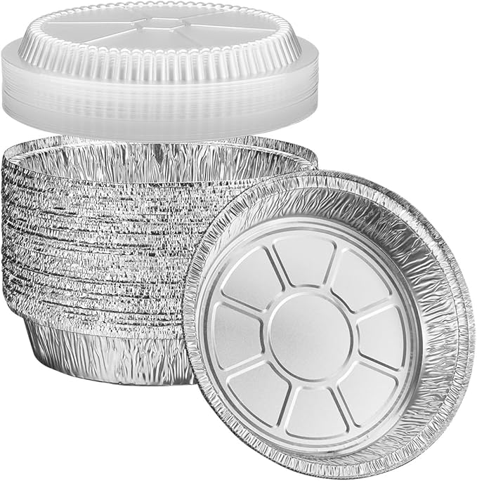 GUSTO 9-Inch Disposable Round Aluminum Foil Pans with Clear Plastic Dome Lids, [50 Count] Ideal for Baking, Cooking, Food Storage & Reheating (Formerly Comfy Package)