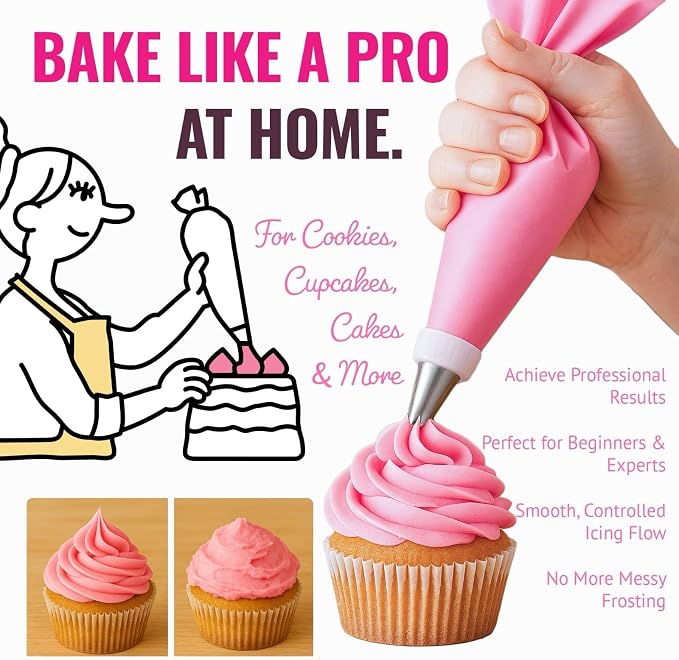 Piping Bags and Tips Set, 21 Piece Reusable Cake Decorating Kit with 14 Stainless Steel Nozzles, 2 Silicone Piping Bags, 2 Couplers and 3 Scrapers for Cupcaskes, Cookies & Icing