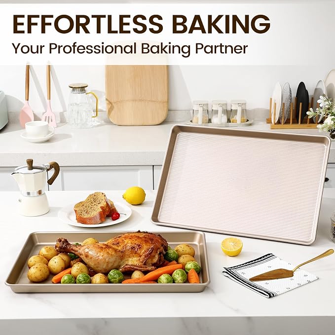 Vinino 17Inch Baking Sheet Set of 2, Cookie Sheets For Baking with Square Texture Pattern, Thicker Carbon Steel Non-stick Baking Pan, Half Roll Pans Tray for Oven