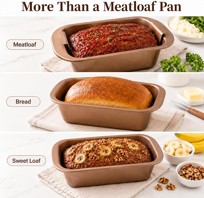 2 Pack Meatloaf Pan with Drain Tray, Nonstick Loaf Pan for Baking Bread and Meatloaf, Heavy Duty Meat Loaf Bakeware with Removable Grease Draining Insert, Wide Handles
