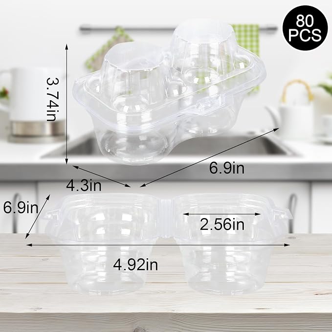 JarThenaAMCS 80 Pack Plastic Cupcake Containers 2-Compartment Clear Boxes Disposable Cupcake Tray Holders 2 Cavity Dessert Carriers with Deep Dome for Muffin Packaging