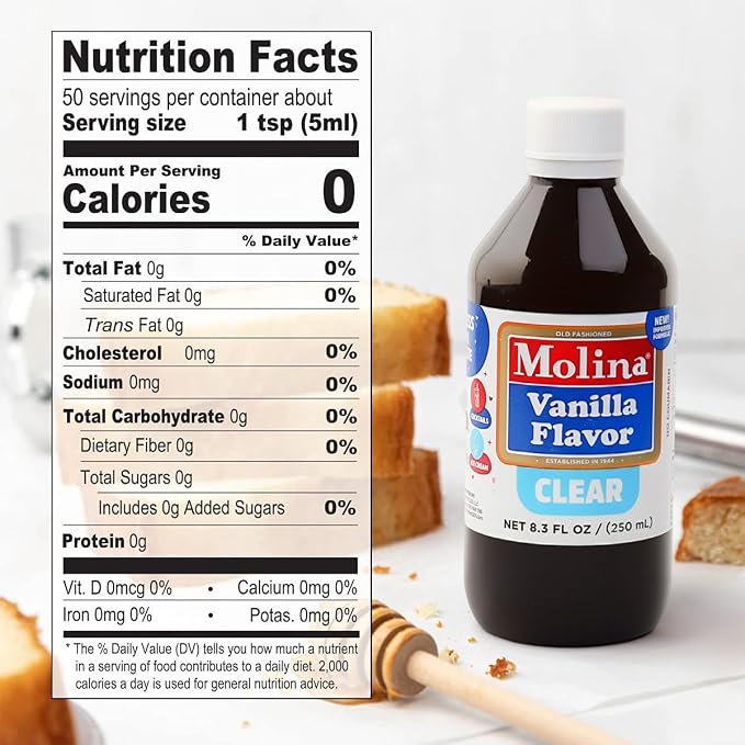 Vanilla Molina - Mexican Clear Vanilla Flavor with Pure Vanilla Extract - 2 Pack (8.3 Fl Oz Bottles) - Natural Flavoring for Frosting, Icing and Cakes Without Color Change