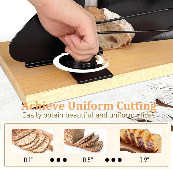 Brvclon Manual Bread Slicer for Homemade Sourdough,Adjustable Thickness,Hand Crank Bread Slicer with Stainless Steel Blade, Aluminum Alloy Frame & Solid Wood Base with Natural Wood Veneer Finish