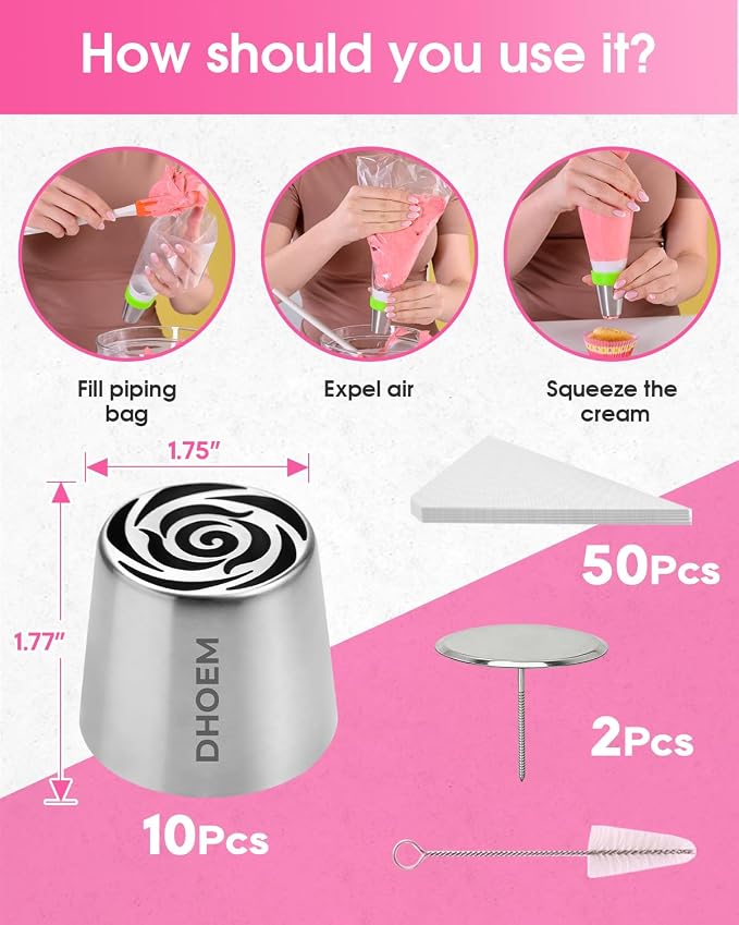 63 Pcs Stainless Steel Russian Piping Tip Set, 10 Flower Nozzles Baking for Flower Decorations: Roses, Tulips, Marshmallow Buttercream Bouquets, Cake Decorating Supplies for Wedding