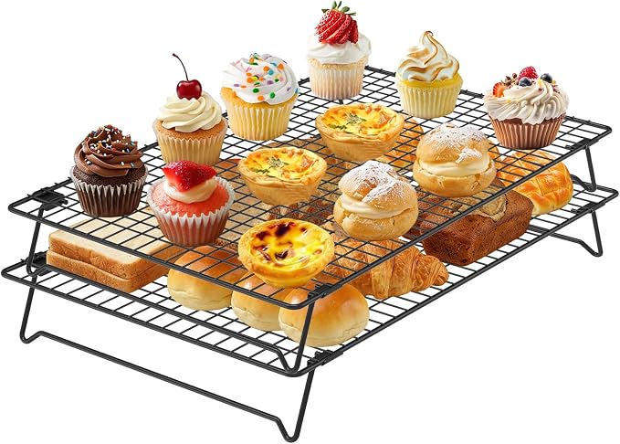 16.85" × 11" Stackable Cupcakes Cooling Racks – 2-Pack Nonstick Carbon Steel Baking Racks with Collapsible Legs, Perfect for Cooking, Roasting, Grilling, Drying & Cooling Cookies