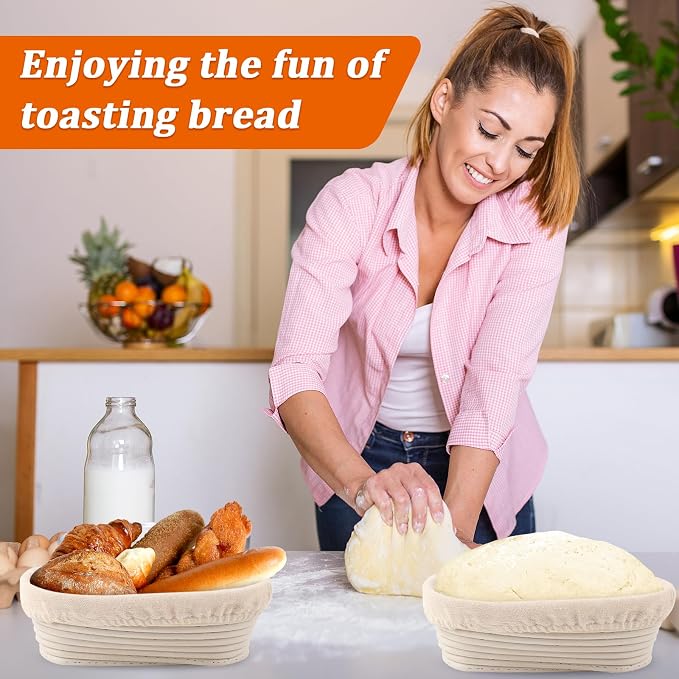 6 Pack Oval Banneton Proofing Basket Set 10 Inch, Natural Rattan Sourdough Bread Baskets with Linen Liners, Dough Baking Bowls for Professional & Home Bakers (10" Oval -6 Pack)