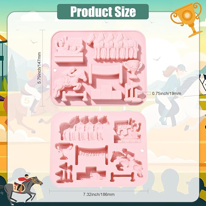 Ipotkitt Pink Racing Theme Silicone Molds Sport Horse Rectangle Candy Molds for Candy Chocolate Jelly Cake Ice Crafts, 2pcs, 18.6x14.7x1.9cm, 8 Cavities