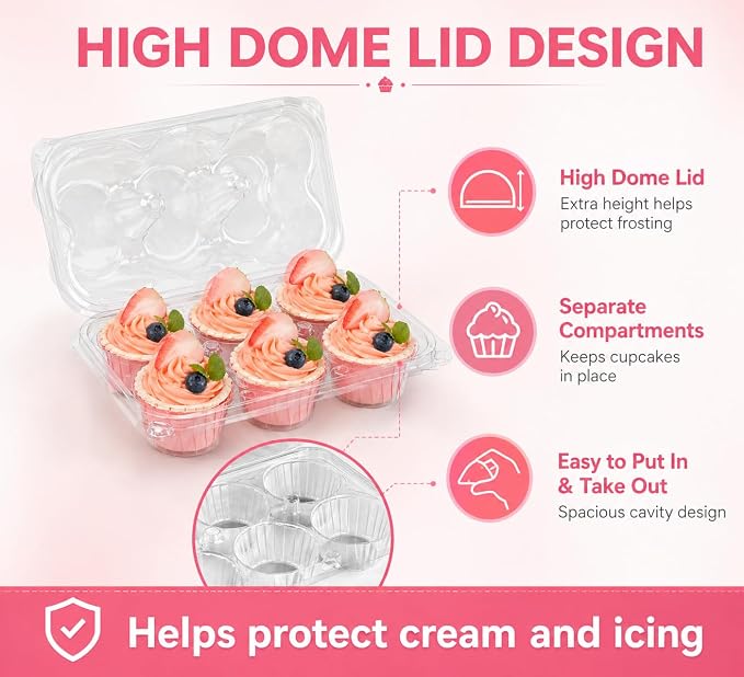 Cupcake Containers Holder - 6 Counts x 30 Sets Stackable Cupcake Boxes Carrier with 200 Pack Liners, Plastic Disposable Clear Cupcake Storage Tray with Detachable Dome Lid for Mini Individual Cake