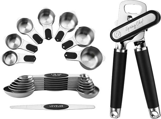Spring Chef Stainless Steel Magnetic Measuring Cups & Spoons, Set of 15 with Leveler & Heavy Duty Can Opener with Magnetic Lid Remover - 2 Product Bundle - Black