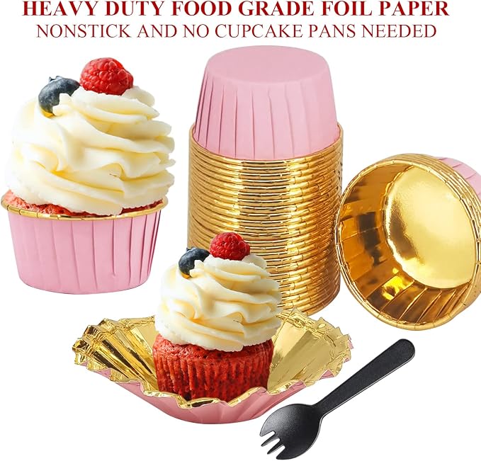 Cupcake Liners with Lids 50 Pack,LNYZQUS 5oz Large Foil Cupcake Cups Muffin Tins,Disposable Baking Cups Muffin Liners Wrappers Holders for Wedding Valentine-Pink in gold