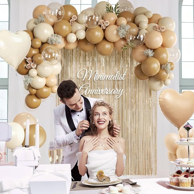 Boho Neutral Brown Balloon Garland Arch Kit with Champagne Fringe Curtain for Baby Shower Wedding Earth Tone Birthday Bridal Brunch Minimalist Anniversary Party Decorations