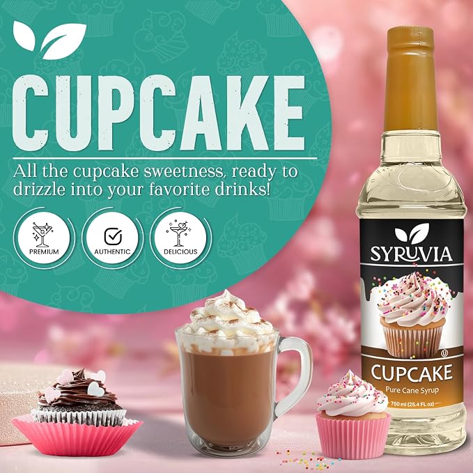 Syruvia Coffee Syrup, Cupcake Flavored Syrup for Drinks, Lattes, and Desserts – 25.4 fl oz - with Pump